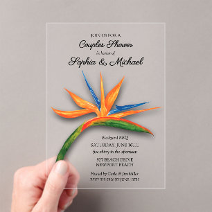 Invitaciones Acrílicas Ducha de Novia Pareja de Aves Tropicales del Paraí