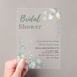 Invitaciones Acrílicas Ducha de Novia Verde Botánico de Eucalipto Dorado