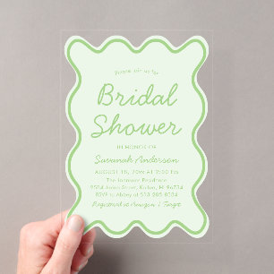 Invitaciones Acrílicas Ducha de Novia Verde Lima Audaz Moderna Ondulada