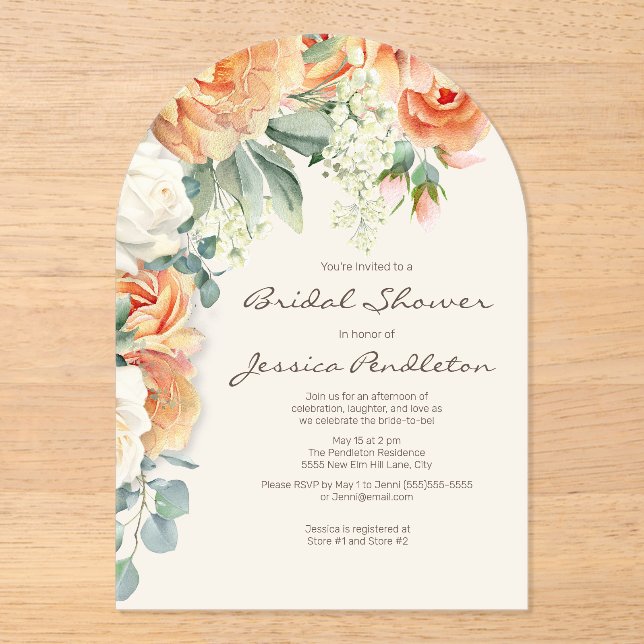 Invitaciones Acrílicas Ducha de novias de crema de melocotón floral eucal (Anverso)