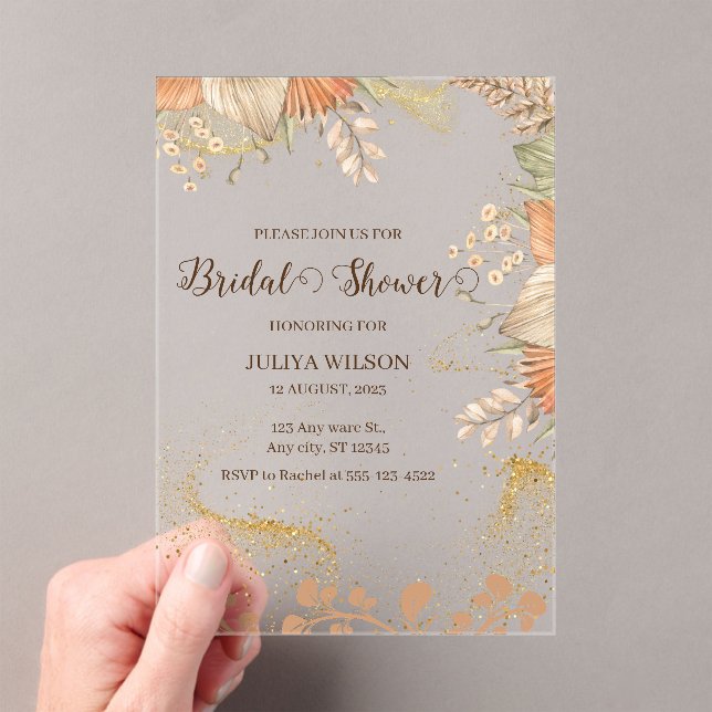 Invitaciones Acrílicas Ducha de novias de pasto de Boho pampas (Insitu (portátil))