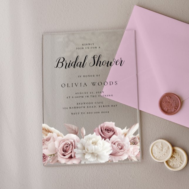 Invitaciones Acrílicas Ducha de novias de rosas rosadas oxidadas y Rubor (Subido por el creador)