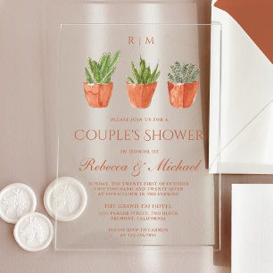 Invitaciones Acrílicas Ducha de pareja con macetas de terracota y cactus