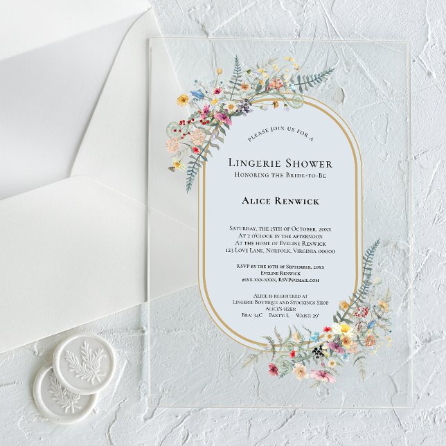 Invitaciones Acrílicas Ducha de ropa interior Boho Wildflower Helecho Azu (Subido por el creador)