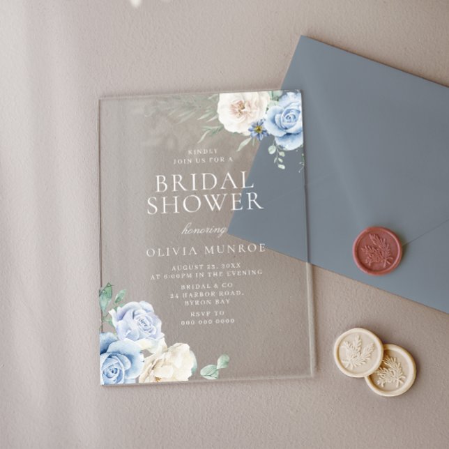 Invitaciones Acrílicas Ducha nupcial botánica floral blanca y azul (Subido por el creador)