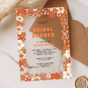 Invitaciones Acrílicas Ducha Nupcial Flor Silvestre Retro Groovy Naranja 