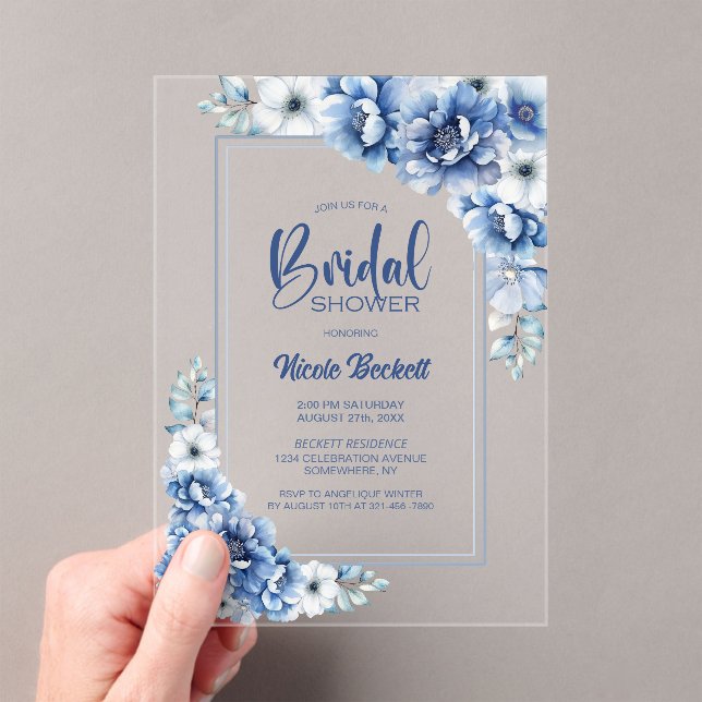 Invitaciones Acrílicas Ducha nupcial floral azul moderna (Insitu (portátil))
