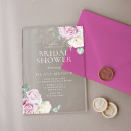 Invitaciones Acrílicas Ducha nupcial floral botánica blanca y Rubor