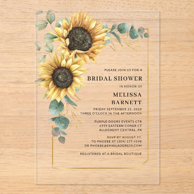 Invitaciones Acrílicas Ducha nupcial floral de girasol Eucalyptus (Anverso)