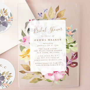 Invitaciones Acrílicas Ducha nupcial floral de primavera pintada a mano