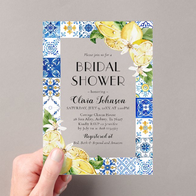 Invitaciones Acrílicas Ducha nupcial italiana con limón azul moderno (Insitu (portátil))