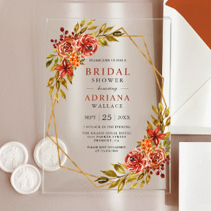 Invitaciones Acrílicas Ducha Nupcial Otoño Marco Dorado Floral Naranja Qu