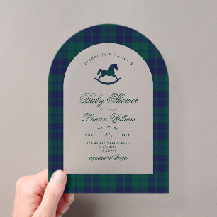 Invitaciones Acrílicas Ducha para bebé de caballo mecedor de cuadros clás