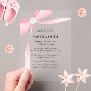 Invitaciones Acrílicas Ducha para Bebé Lazo Rosa Perla Blanca Bebé Niña M