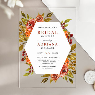 Invitaciones Acrílicas Duche de Novia Floral Otoño Naranja Quemada