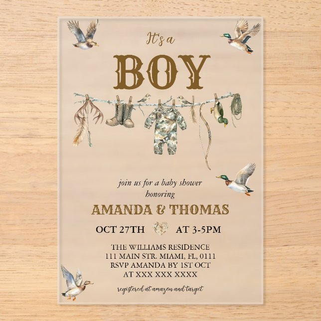 Invitaciones Acrílicas Duck Hunting It's a Boy Baby Shower  (Anverso)