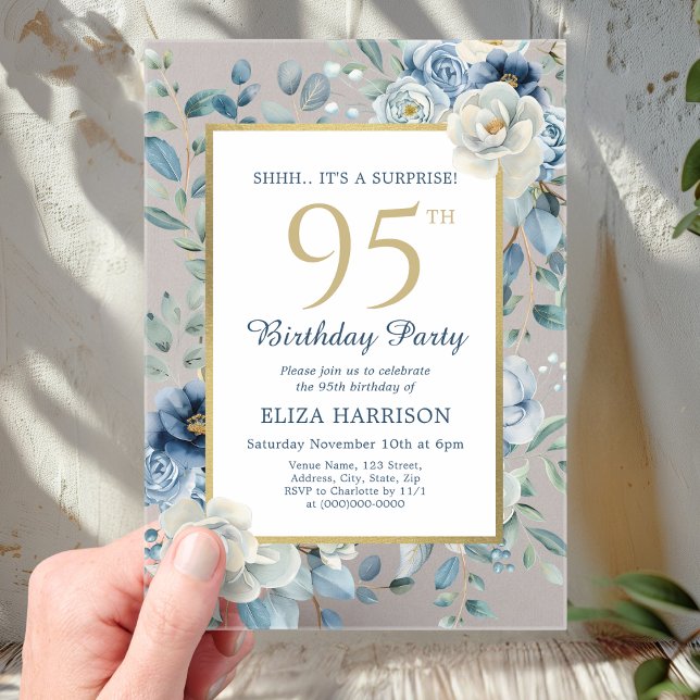 Invitaciones Acrílicas Dudosa sorpresa Floral Azul 95º cumpleaños (Subido por el creador)