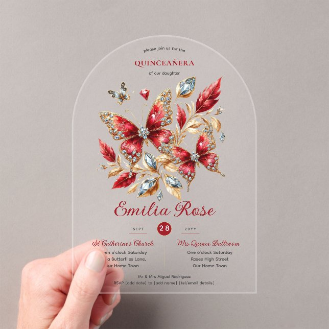 Invitaciones Acrílicas Dulce15 Mariposas Carne roja QuINCEANERA Diamante (Insitu (portátil))