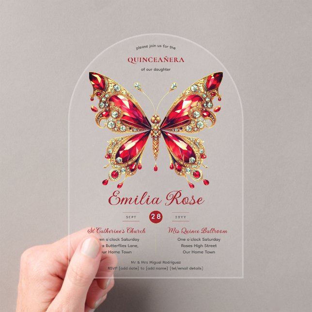 Invitaciones Acrílicas Dulce15 Mariposas Carne roja QuINCEANERA Diamante (Insitu (portátil))