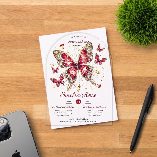 Invitaciones Acrílicas Dulce15 Mariposas Carne roja QuINCEANERA Diamante (Insitu (Tarjeta de Invitación))