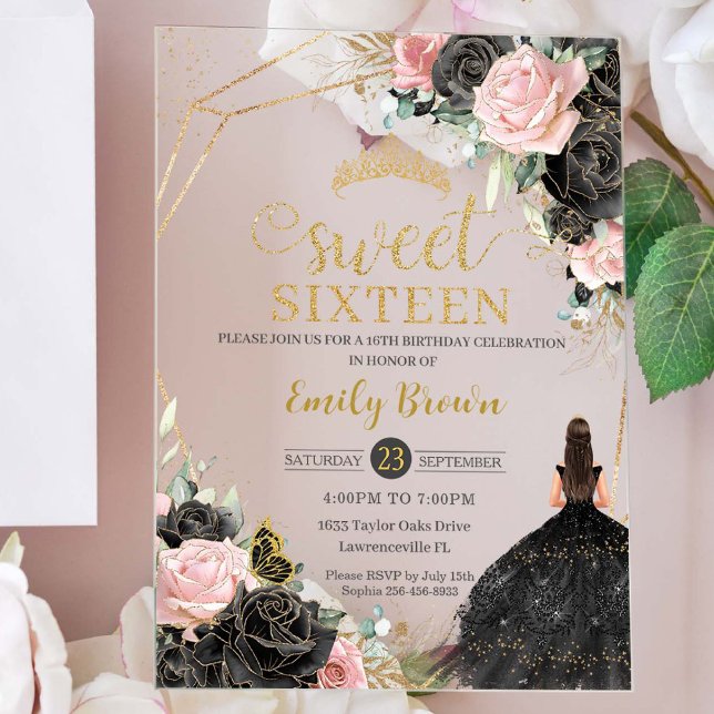 Invitaciones Acrílicas Dulce 16 Dieciséis Dorado Floral Rosa Vestido Negr (Subido por el creador)