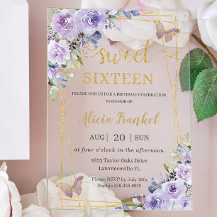 Invitaciones Acrílicas Dulce 16 Dieciséis Mariposas Florales Púrpura Lila