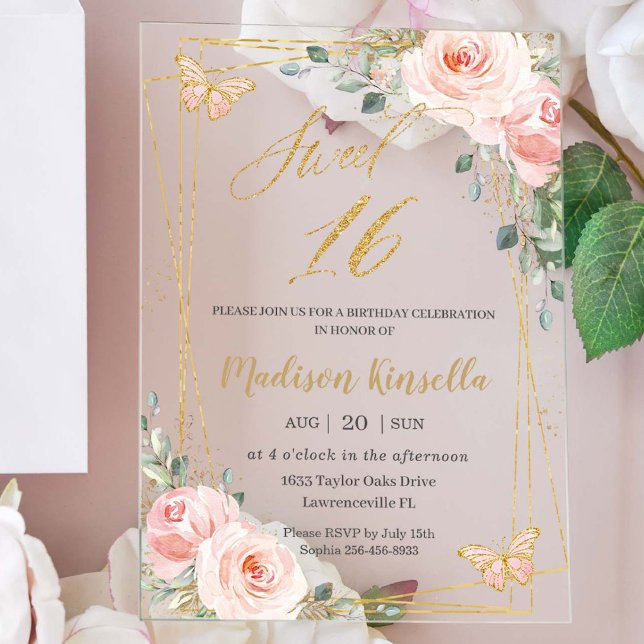 Invitaciones Acrílicas Dulce 16 Dieciséis Mariposas Florales Rosa Rubor (Subido por el creador)