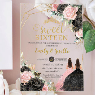 Invitaciones Acrílicas Dulce 16 Dieciséis Vestidos Negro Dorado Floral Ro