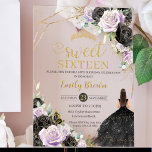 Invitaciones Acrílicas Dulce 16 Dieciséis Vestidos Negros Lilac Floral Go<br><div class="desc">Añada un toque de elegancia a su ocasión especial con nuestros lujosos rosas de lilas negras y violetas con un dulce de acrílico floral 16 invitaciones de cumpleaños, con un chica vestido negro brillante, una corona de princesa dorada, mariposa y acentos dorados refinados. Estas invitaciones preparan el escenario para un...</div>
