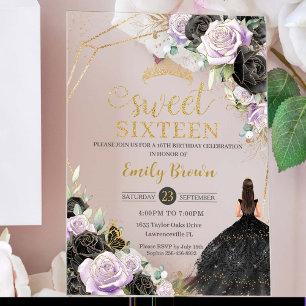 Invitaciones Acrílicas Dulce 16 Dieciséis Vestidos Negros Lilac Floral Go