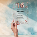 Invitaciones Acrílicas Dulce 16 estrellas de oro rosa fiesta claro<br><div class="desc">Para una elegante fiesta de 16 y 16 años. Un trasfondo claro y transparente. Decorado con estrellas de oro rosa y número 16,  escrito con un tipo de letra de estilo globo. Personalice y agregue su nombre y detalles del fiesta.</div>