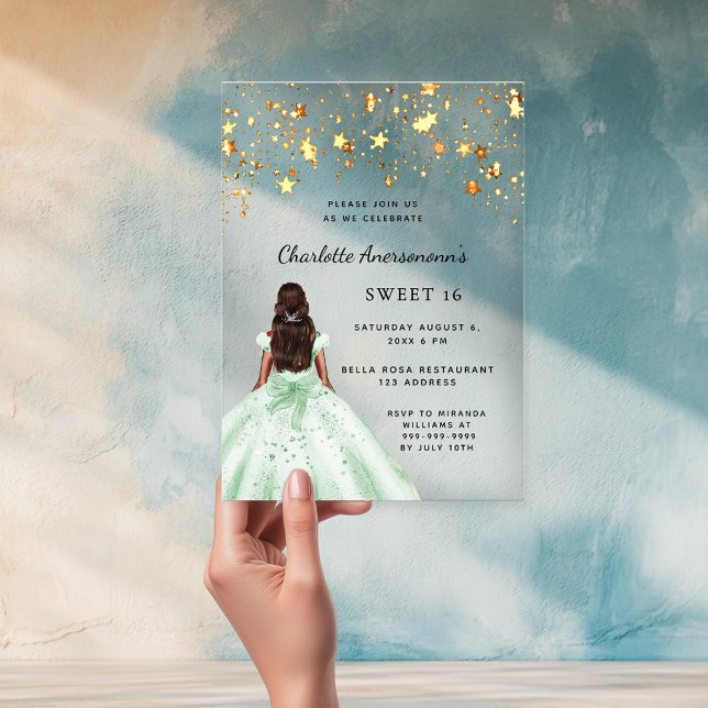 Invitaciones Acrílicas Dulce 16 estrellas de vestido dorado verde claro (Subido por el creador)