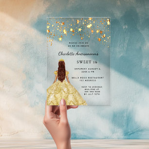 Invitaciones Acrílicas Dulce 16 estrellas de vestir dorado claro