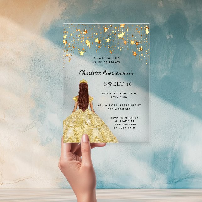 Invitaciones Acrílicas Dulce 16 estrellas de vestir dorado claro (Subido por el creador)