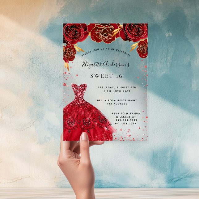 Invitaciones Acrílicas Dulce 16 rosas rojas vestido purpurina transparent (Subido por el creador)