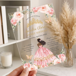 Invitaciones Acrílicas Dulce Cumpleaños 16 Princesa Rosa Floral Marrón Ch