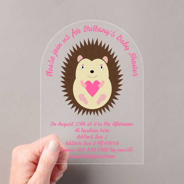 Invitaciones Acrílicas Dulce Cumpleaños De Erizo Bebé Niña Rosa (Insitu (portátil))