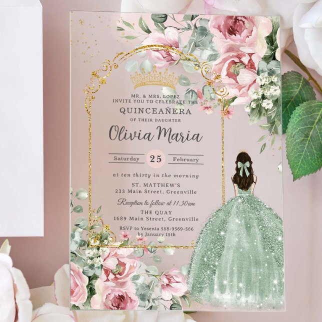 Invitaciones Acrílicas Dulce de la Quinceañera verde de la salvia floral  (Subido por el creador)