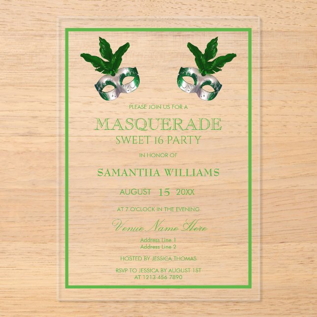 Invitaciones Acrílicas Dulce de Mascarada Verde 16 (Anverso)