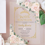 Invitaciones Acrílicas Dulce Dieciséis Champagne Rubor Floral Gold<br><div class="desc">Personalice esta elegante invitación acrílica Sweet 16 Birthday con su propia redacción fácil y rápidamente. Simplemente haga clic en el botón "Editar usando la herramienta de diseño" para modificar el texto, la redacción, el estilo de fuente, el tamaño de fuente y el color de fuente. También puede agregar o quitar...</div>