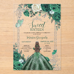 Invitaciones Acrílicas Dulce Dieciséis cumpleaños verde esmeralda y plate