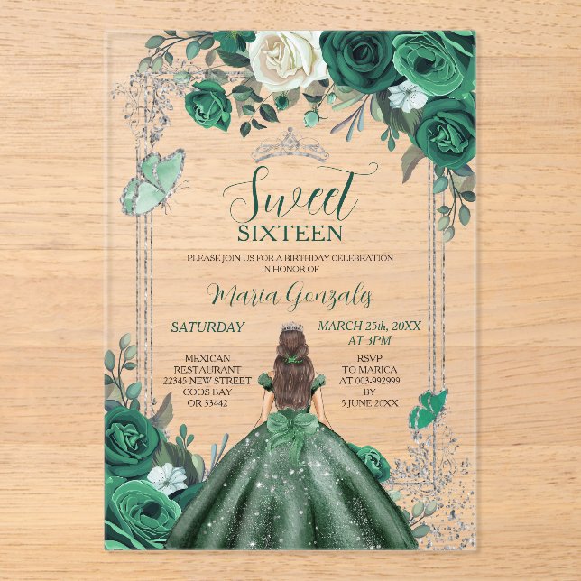 Invitaciones Acrílicas Dulce Dieciséis cumpleaños verde esmeralda y plate (Anverso)
