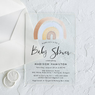 Invitaciones Acrílicas Dulce Ducha de Bebé Arcoíris Acuarela Azul y Marró