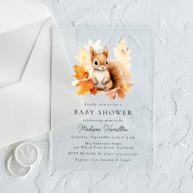 Invitaciones Acrílicas Dulce ducha de bebé de ardilla en el bosque otoñal (Subido por el creador)