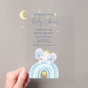 Invitaciones Acrílicas Dulce elefante azul shower de bebé niño