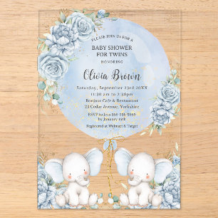 Invitaciones Acrílicas Dulce Elefantes Gemelos Cumpleaños Azul Floral Sua