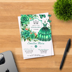 Invitaciones Acrílicas Dulce esmeralda15 Mariposa de vestir verde QUINCEA