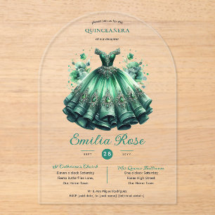Invitaciones Acrílicas Dulce esmeralda15 Vestido verde QUINCEANERA transp