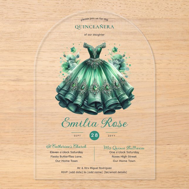 Invitaciones Acrílicas Dulce esmeralda15 Vestido verde QUINCEANERA transp (Anverso)