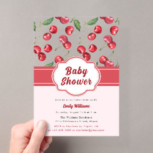 Invitaciones Acrílicas Dulce Fiesta de Bebé con Cerezas Rojas en Acuarela